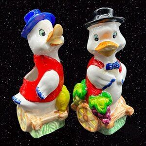 Duck Planter With Hat Made In Japan Ceramic 2 Pc Set Hand Painted 7”T